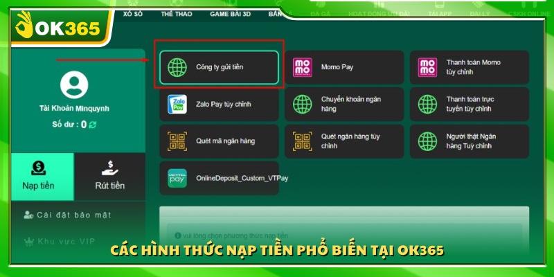 Các phương thức nạp được sử dụng tại OK365